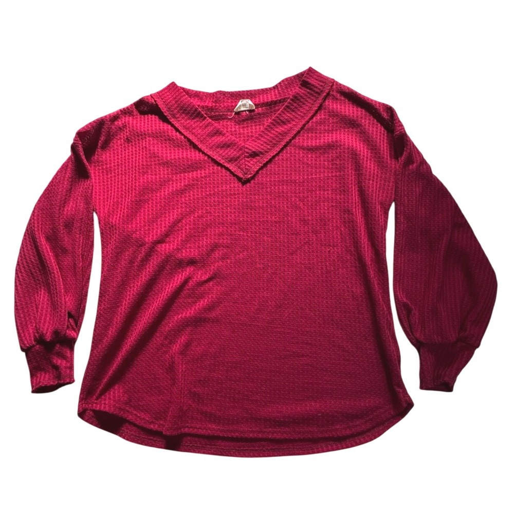 BiB! Waffle Knit V‎ Neck Balloon Sleeve Top Raspberry Red Size S